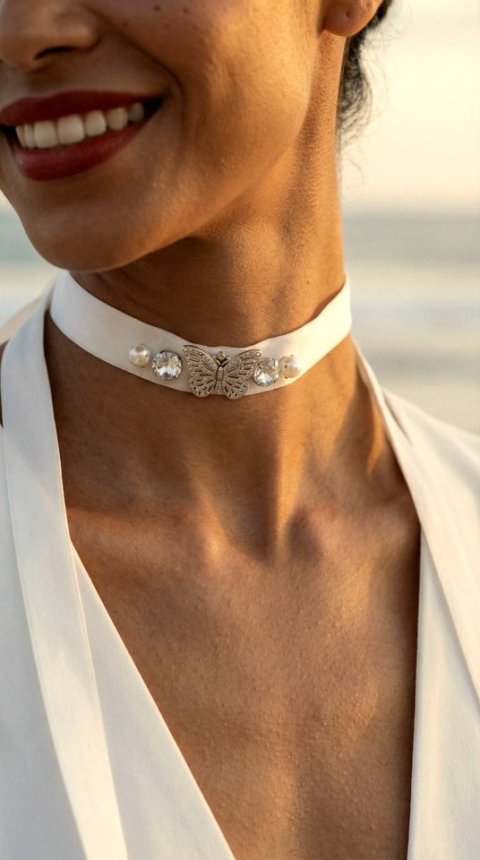 Scarf Brisa, cinta blanca con broche mariposa de strass
