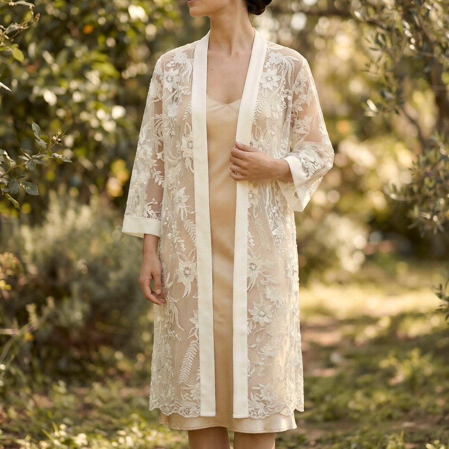 Kimono Julieth de encaje bordado floral, sobre vestido interior color champagne, en un jardín de olivos