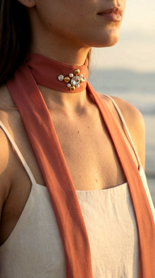 Scarf Denisse color coral con broche de strass, sobre top blanco